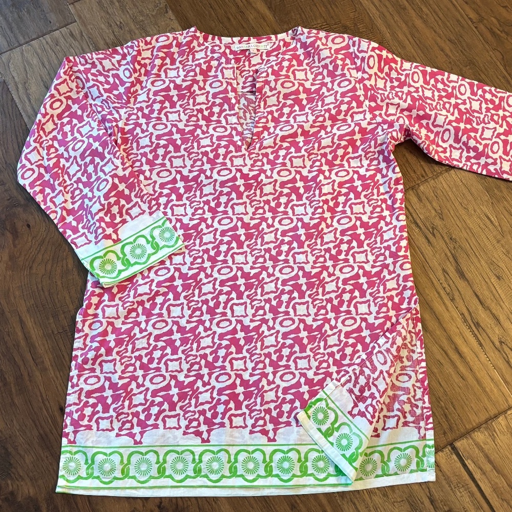 Barbara Gerwit Pink Green Abstract Print Lightweight Tunic Top Women's Size L